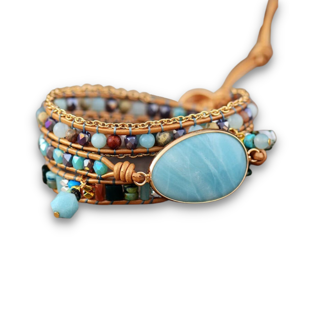 Bracelet Bohémien en Amazonite "Paix & Courage" - Cabochon