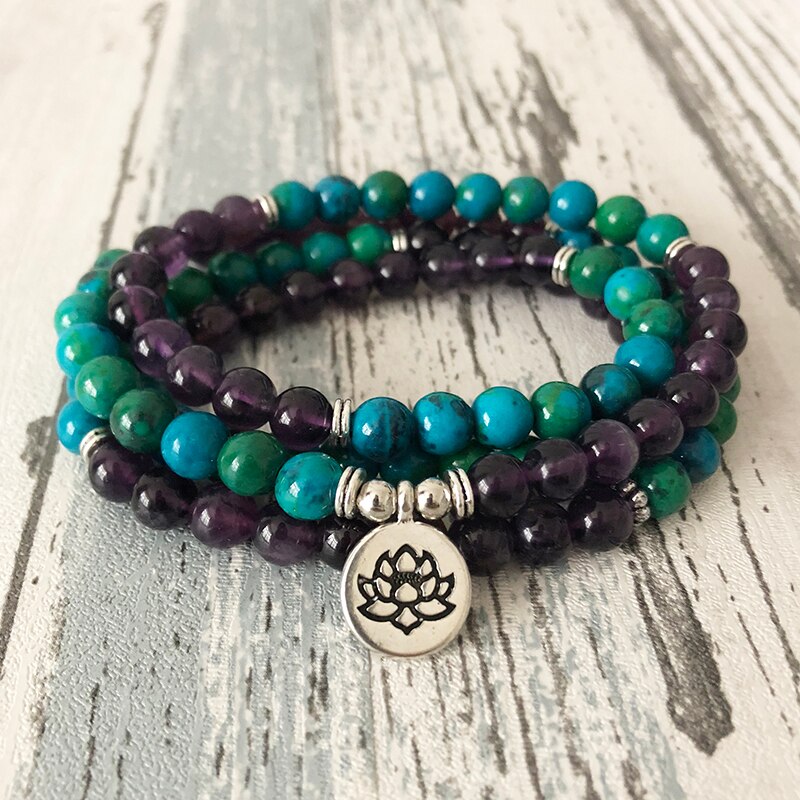 Bracelet Mala Bouddhiste en Améthyste et Chrysocolle - Le Sage - Fleur de lotus