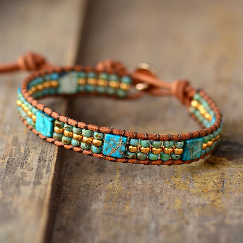 Bracelet Bohémien en Turquoise bleue et Jaspe "Sérénité & Bien être"