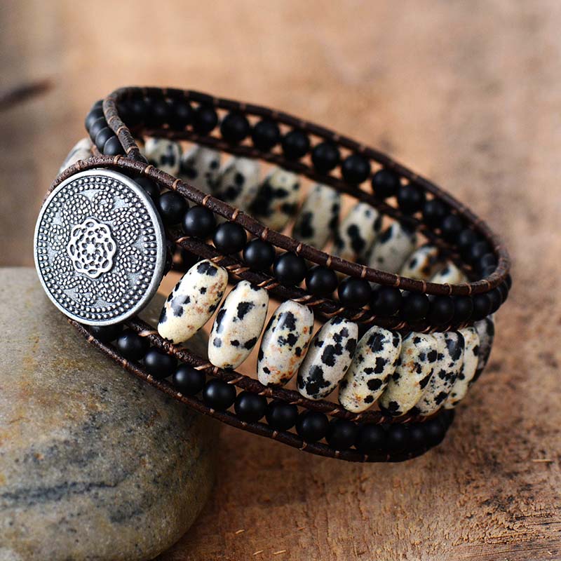 Bracelet Bohémien en Jaspe dalmatien et Onyx "Protection & Harmonie"