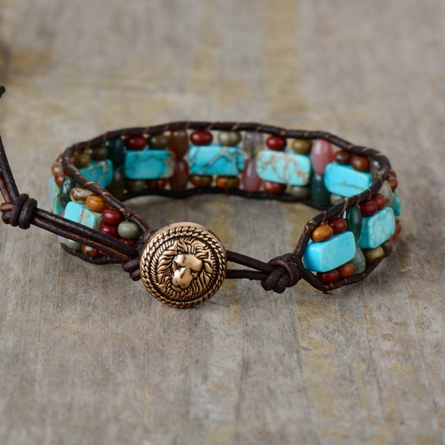 Bracelet Bohémien en Turquoise bleue et Jaspe "Sérénité & Bien être"