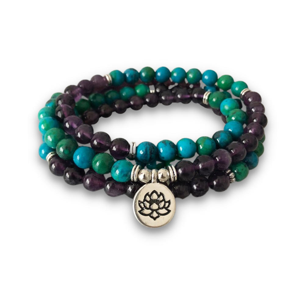 Bracelet Mala Bouddhiste en Améthyste et Chrysocolle - Le Sage - Fleur de lotus