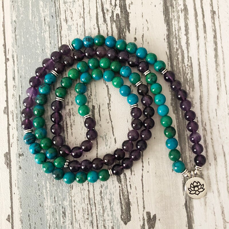 Bracelet Mala Bouddhiste en Améthyste et Chrysocolle - Le Sage - Fleur de lotus