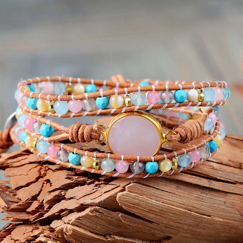 Bracelet Bohémien en Quartz rose et Turquoise "Amour & Confiance en soi"