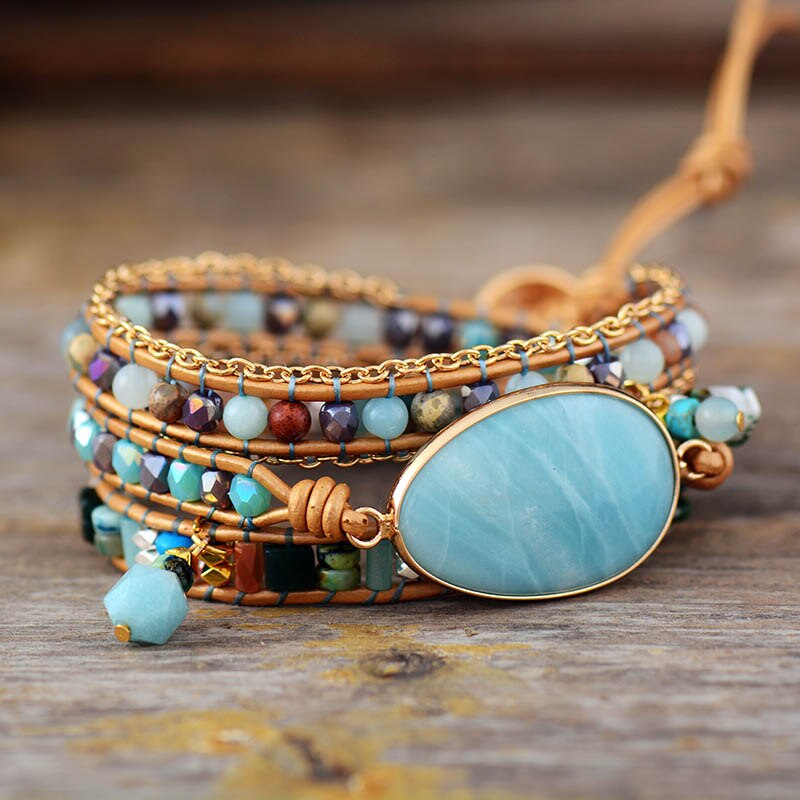 Bracelet Bohémien en Amazonite "Paix & Courage" - Cabochon