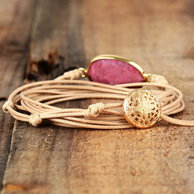 Bracelet Bohémien en Rhodonite "Amour & Bienveillance" - Cabochon