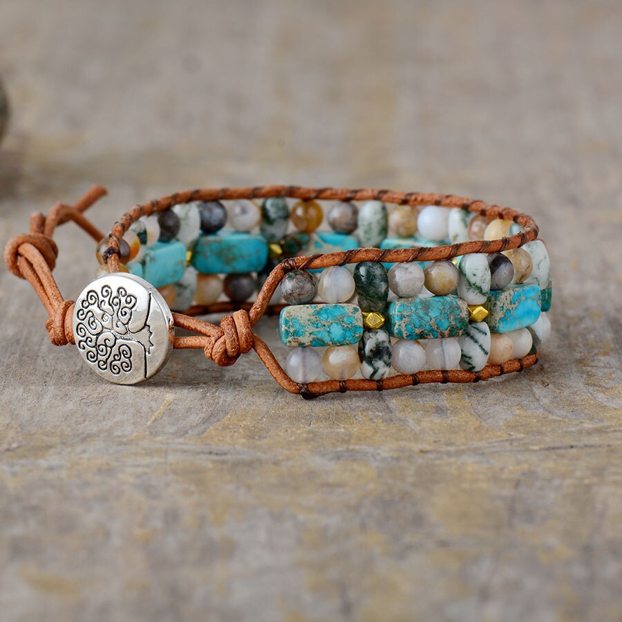 Bracelet Bohémien en Turquoise bleue et Jaspe "Sérénité & Bien être"