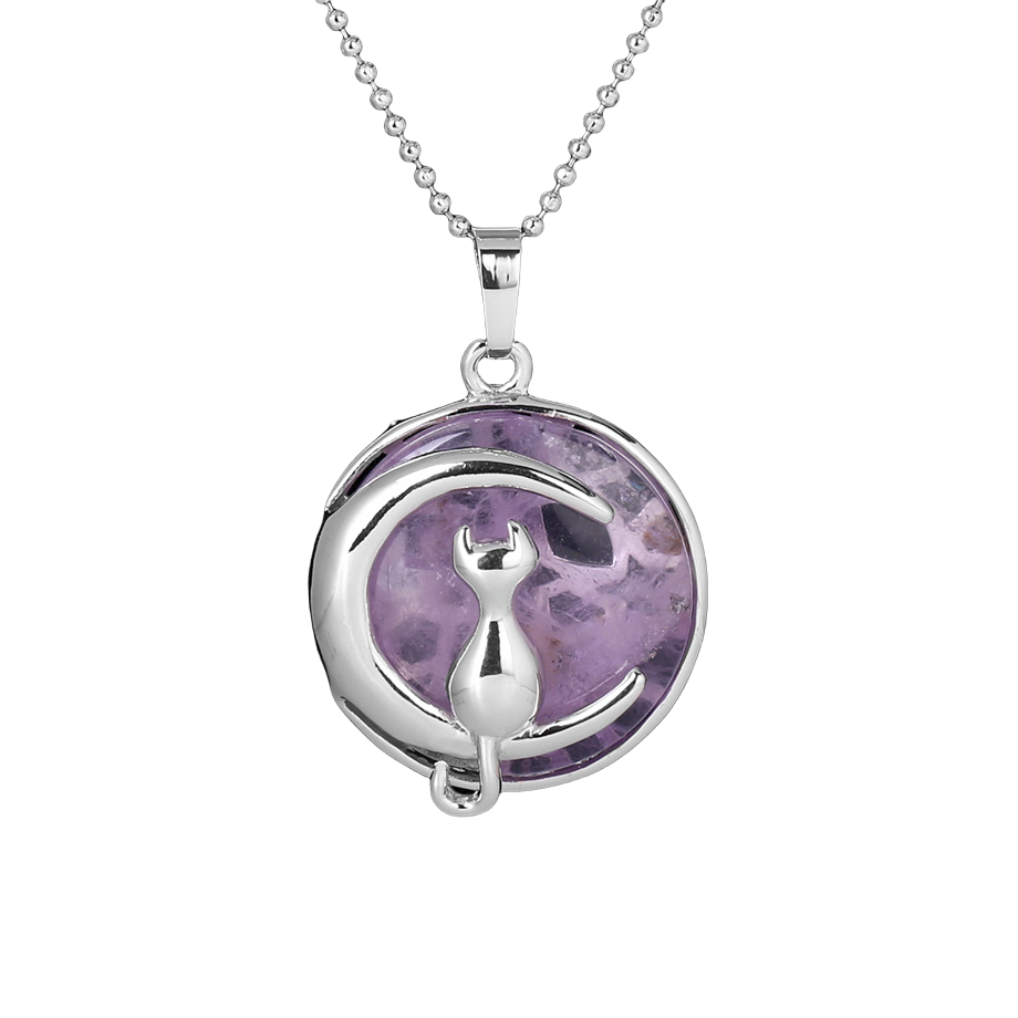 Chaîne et son Pendentif en Améthyste "Force & Sagesse" - Chat au clair de lune