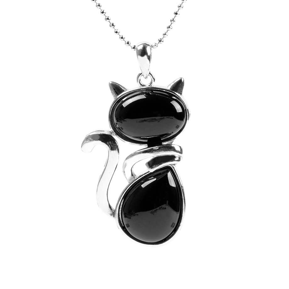 Chaîne et son Pendentif Reiki en Agate noire "Persévérance & Protection" - Chat