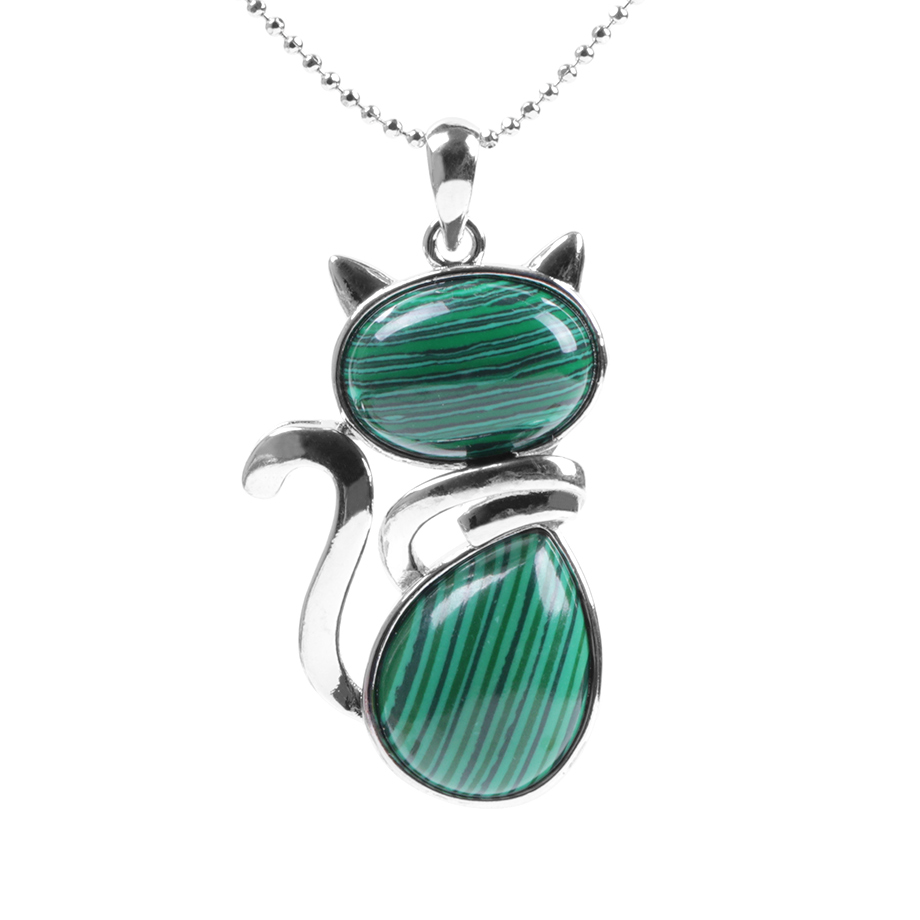 Chaîne et son Pendentif Reiki en Malachite "Protection & Clairvoyance" - Chat