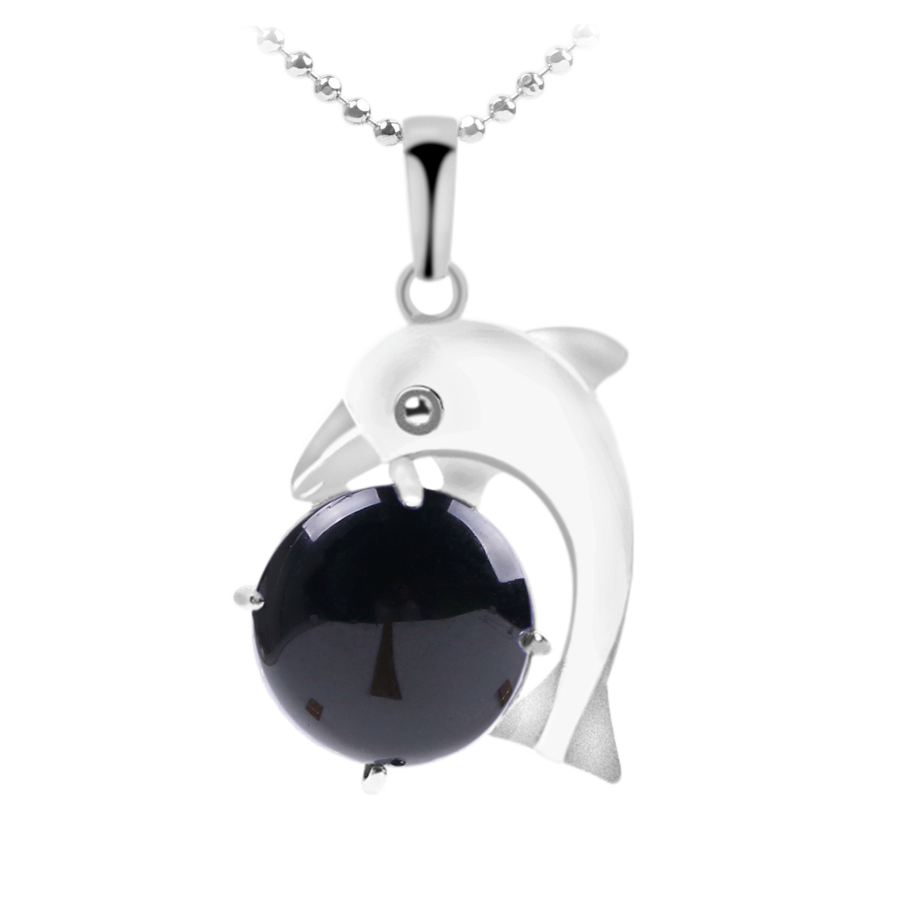 Chaîne et son Pendentif Reiki en Agate noire "Persévérance & Protection" - Dauphin