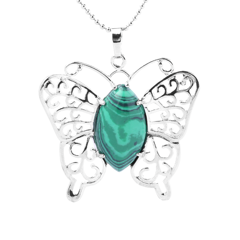 Chaîne et son Pendentif en Malachite "Protection & Clairvoyance" - Papillon