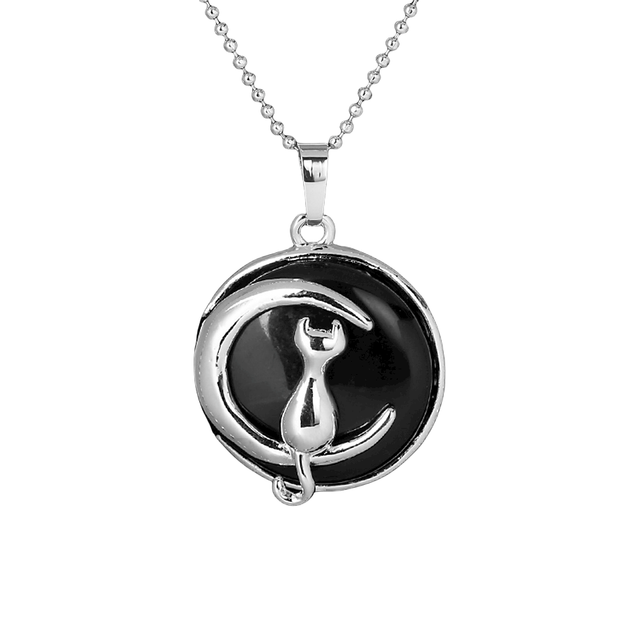 Chaîne et son Pendentif en Onyx "Stabilité & Maîtrise de soi" - Chat au clair de lune