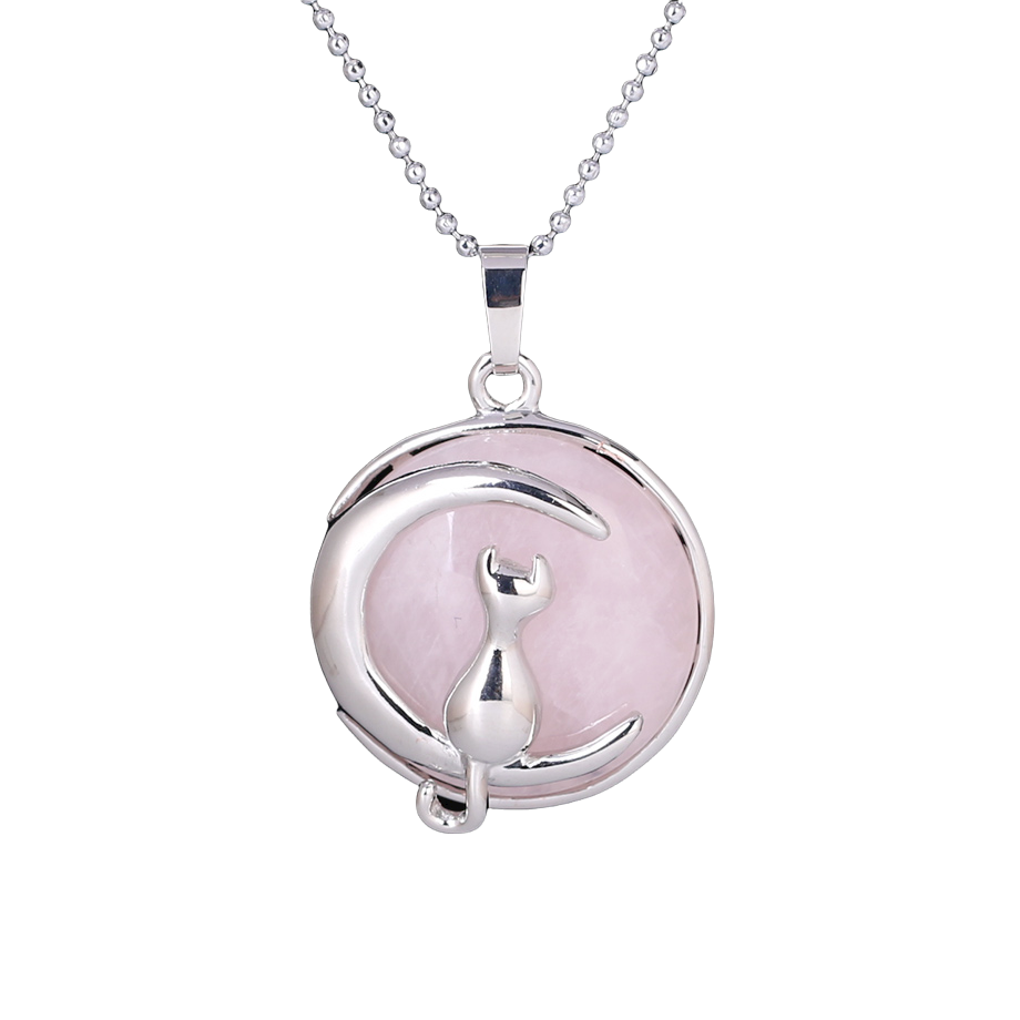 Chaîne et son Pendentif en Quartz rose "Amour & Confiance en soi" - Chat au clair de lune