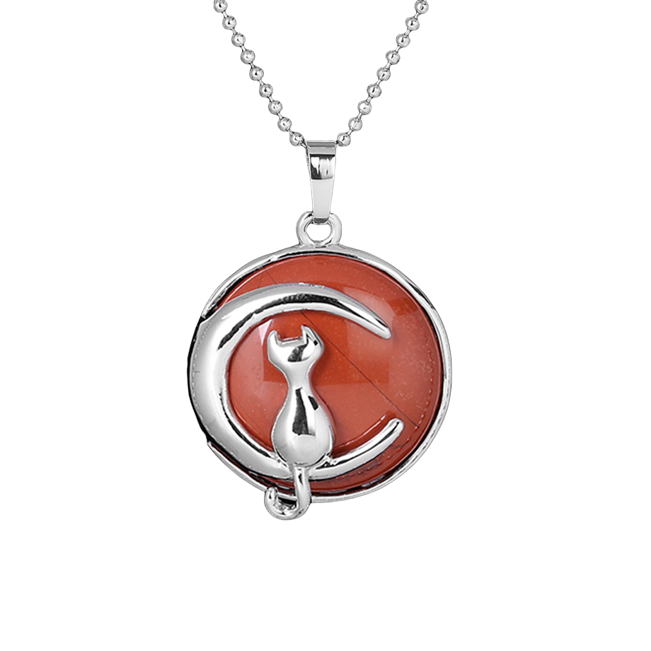 Chaîne et son Pendentif en Jaspe rouge "Force & Spiritualité" - Chat au clair de lune