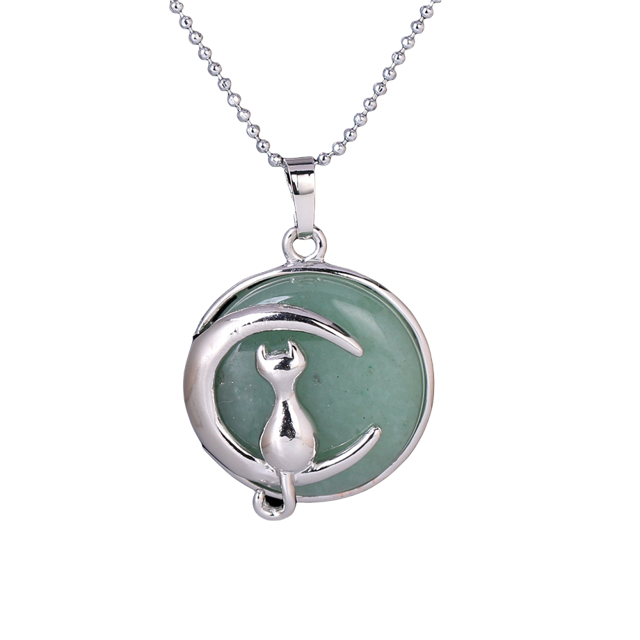 Chaîne et son Pendentif en Aventurine verte "Développement & Épanouissement" - Chat au clair de lune