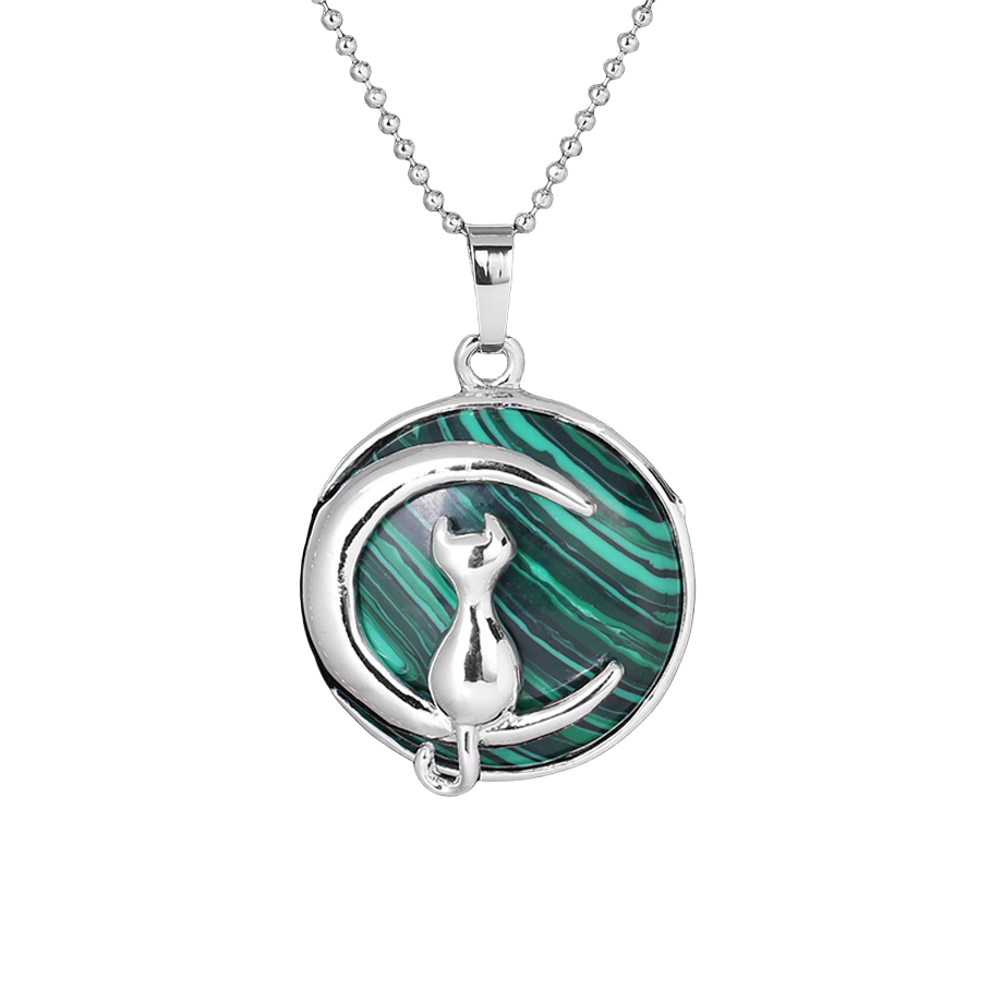 Chaîne et son Pendentif en Malachite "Protection & Clairvoyance" - Chat au clair de lune