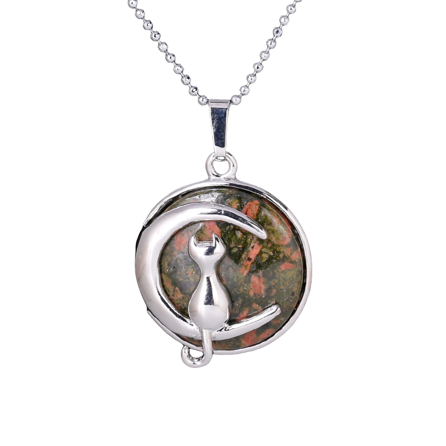 Chaîne et son Pendentif en Unakite "Confiance & Sagesse" - Chat au clair de lune