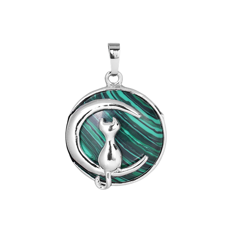 Pendentif Porte Bonheur en Malachite "Protection & Clairvoyance" - Chat au clair de lune