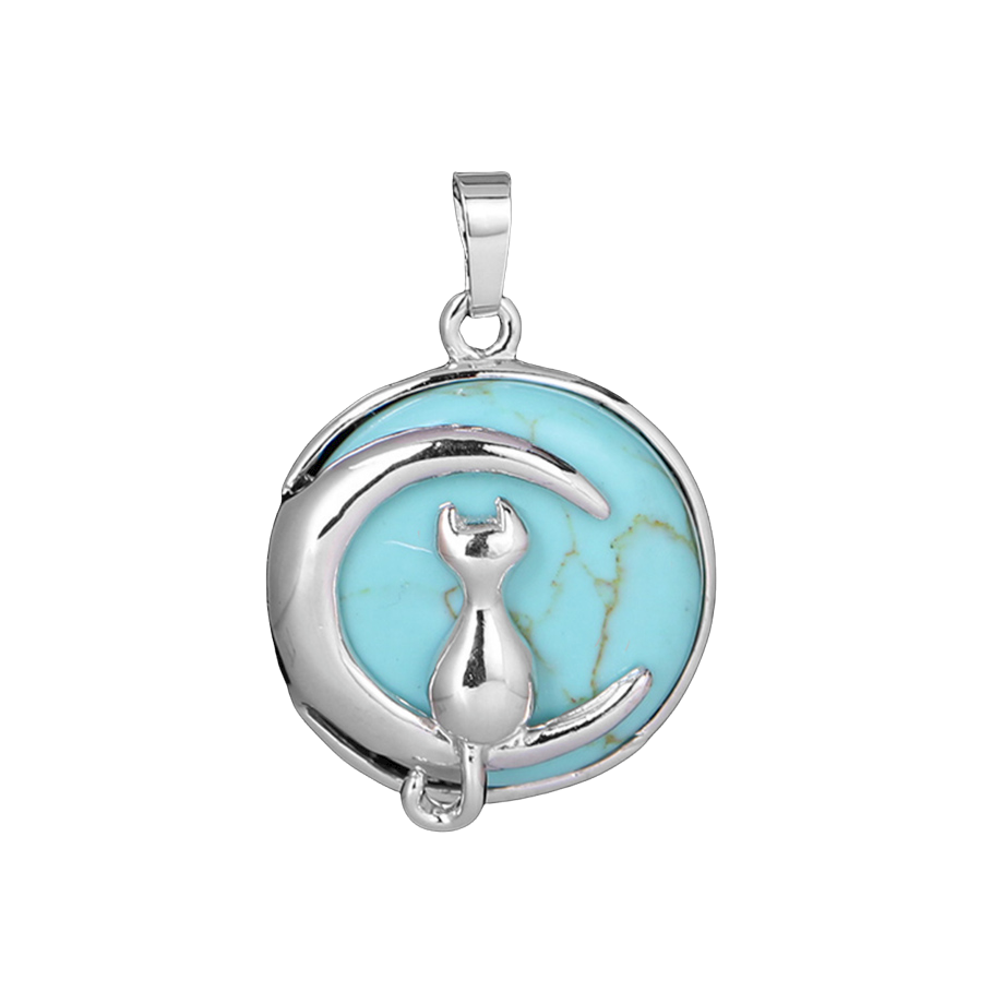 Pendentif Porte Bonheur en Turquoise "Stabilité & Empathie" - Chat au clair de lune