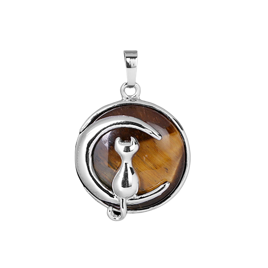 Pendentif Porte Bonheur en Oeil de tigre "Courage & Audace" - Chat au clair de lune