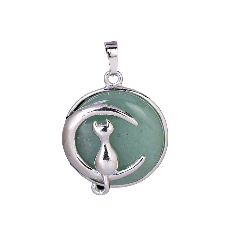 Pendentif Porte Bonheur en Aventurine verte "Développement & Épanouissement" - Chat au clair de lune