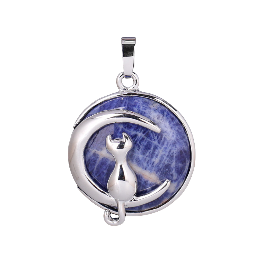 Pendentif Porte Bonheur en Sodalite "Humilité & Courage" - Chat au clair de lune