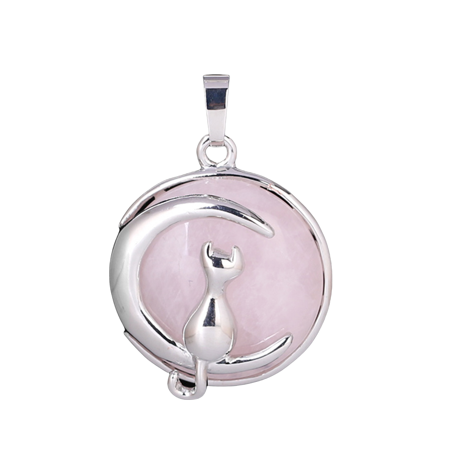 Pendentif Porte Bonheur en Quartz rose "Amour & Confiance en soi" - Chat au clair de lune