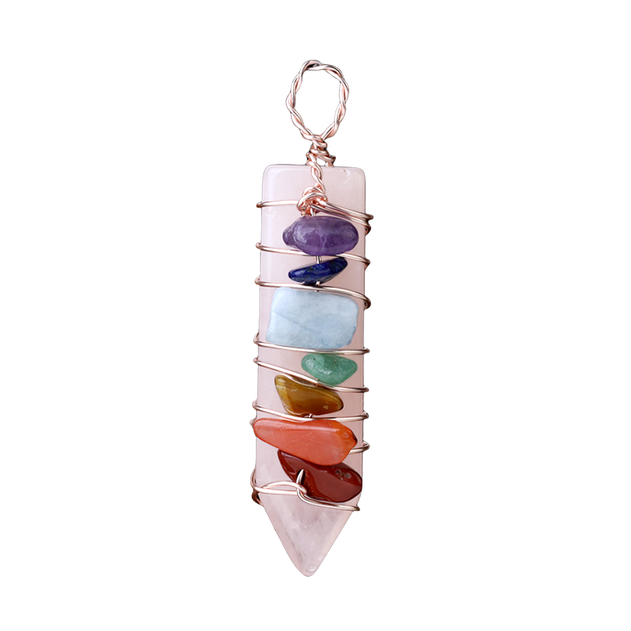 Pendentif Sept Chakras en Quartz rose "Amour & Confiance en soi"