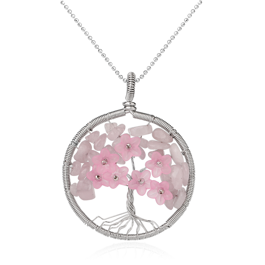 Chaîne et son Pendentif Reiki en Quartz rose "Amour & Confiance en soi" - Arbre de vie