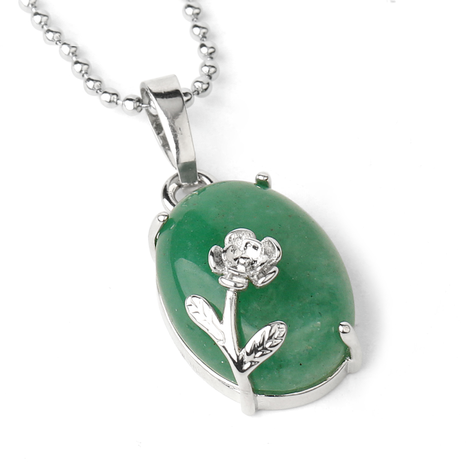 Chaîne et son Pendentif Reiki en Aventurine verte "Développement & Épanouissement" - Cabochon fleuri