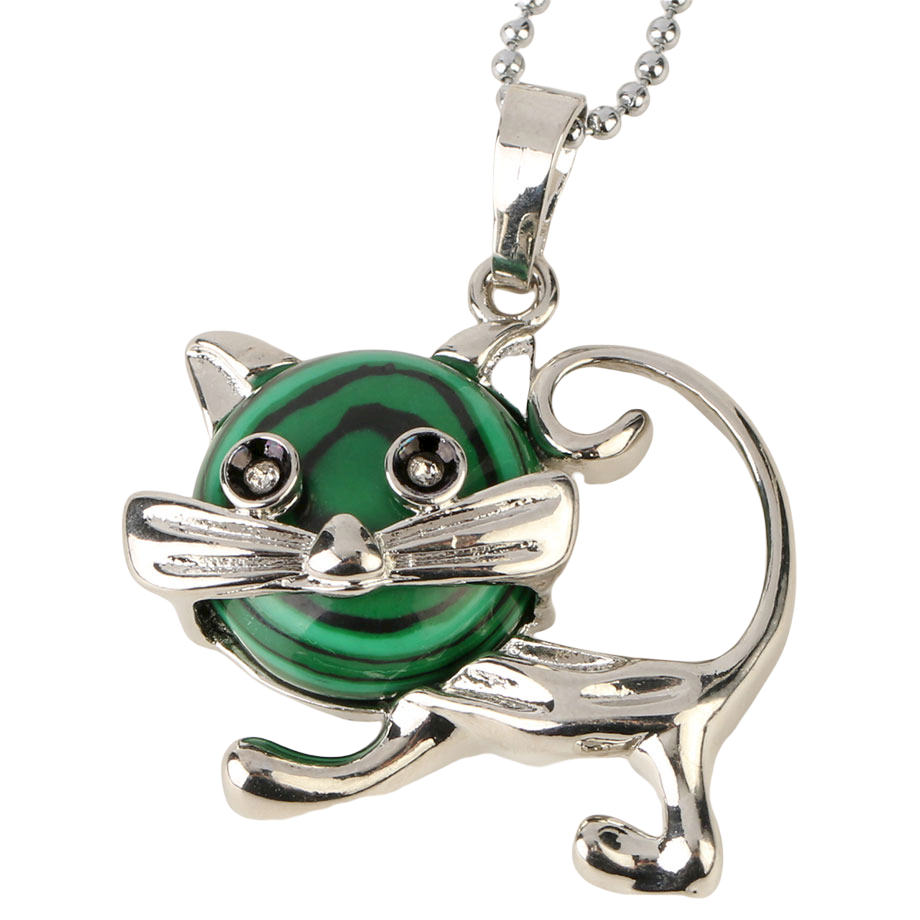 Chaîne et son Pendentif Guérison en Malachite "Protection & Clairvoyance" - Chat