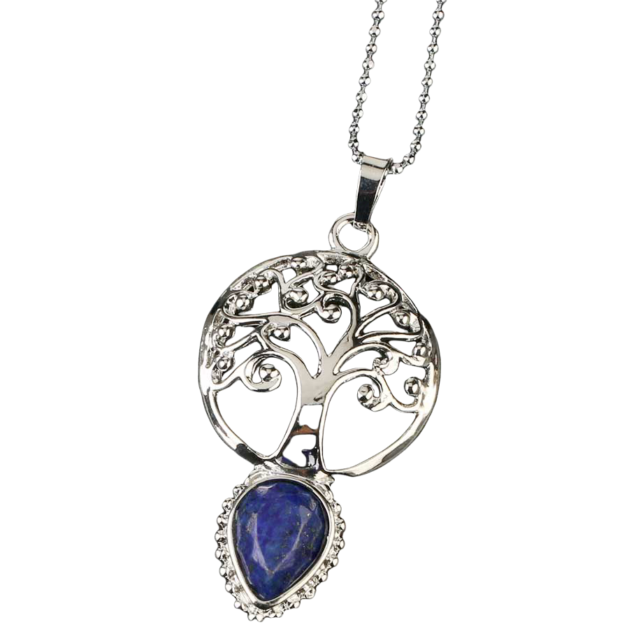 Chaîne et son Pendentif Yoga en Lapis-Lazuli "Santé & Harmonie" - Larme & Arbre de vie