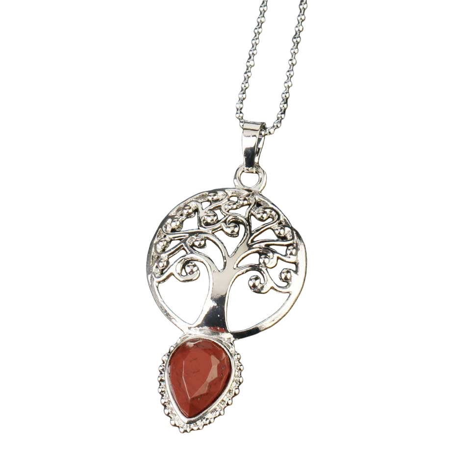 Chaîne et son Pendentif Yoga en Jaspe rouge "Force & Spiritualité" - Larme & Arbre de vie