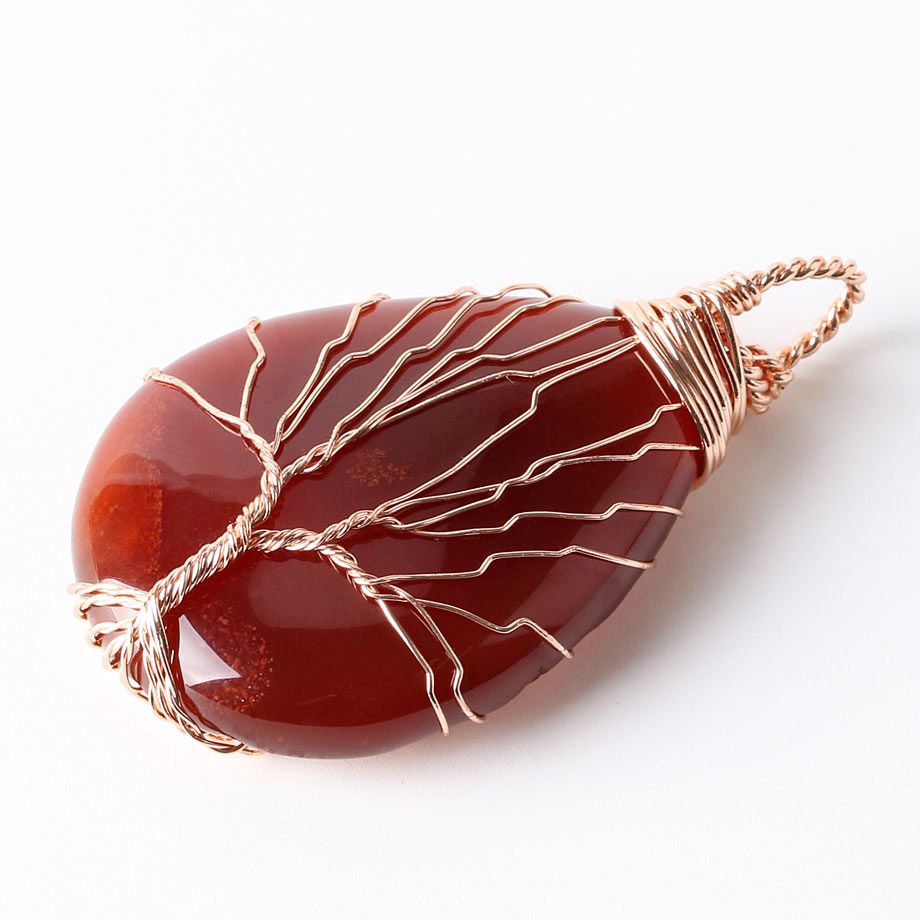 Pendentif Reiki en Agate feu "Énergie & Sécurité" - Goutte & Arbre de vie