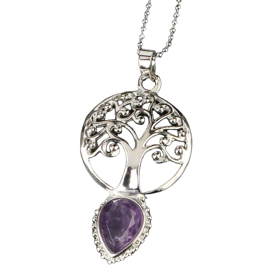 Chaîne et son Pendentif Yoga en Améthyste "Force & Sagesse" - Larme & Arbre de vie