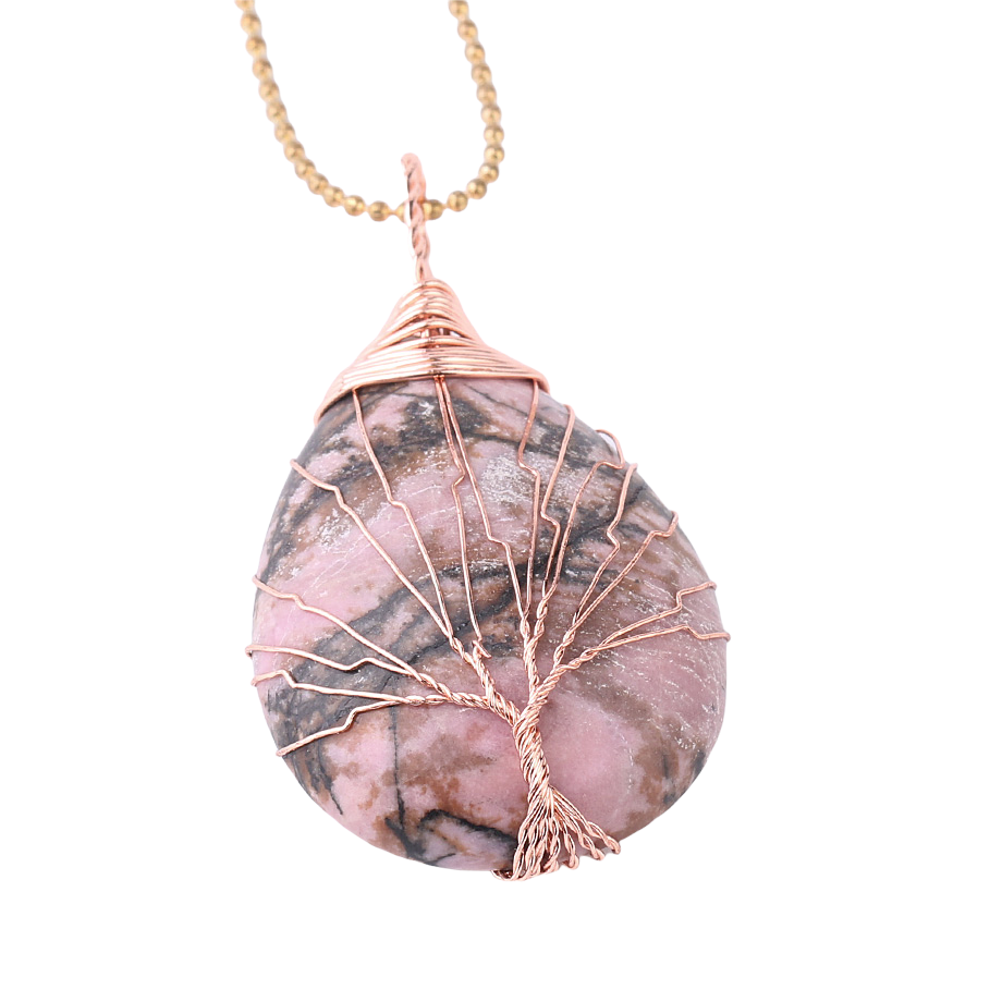 Chaîne et son Pendentif Reiki en Rhodonite "Amour & Bienveillance" - Goutte & Arbre de vie