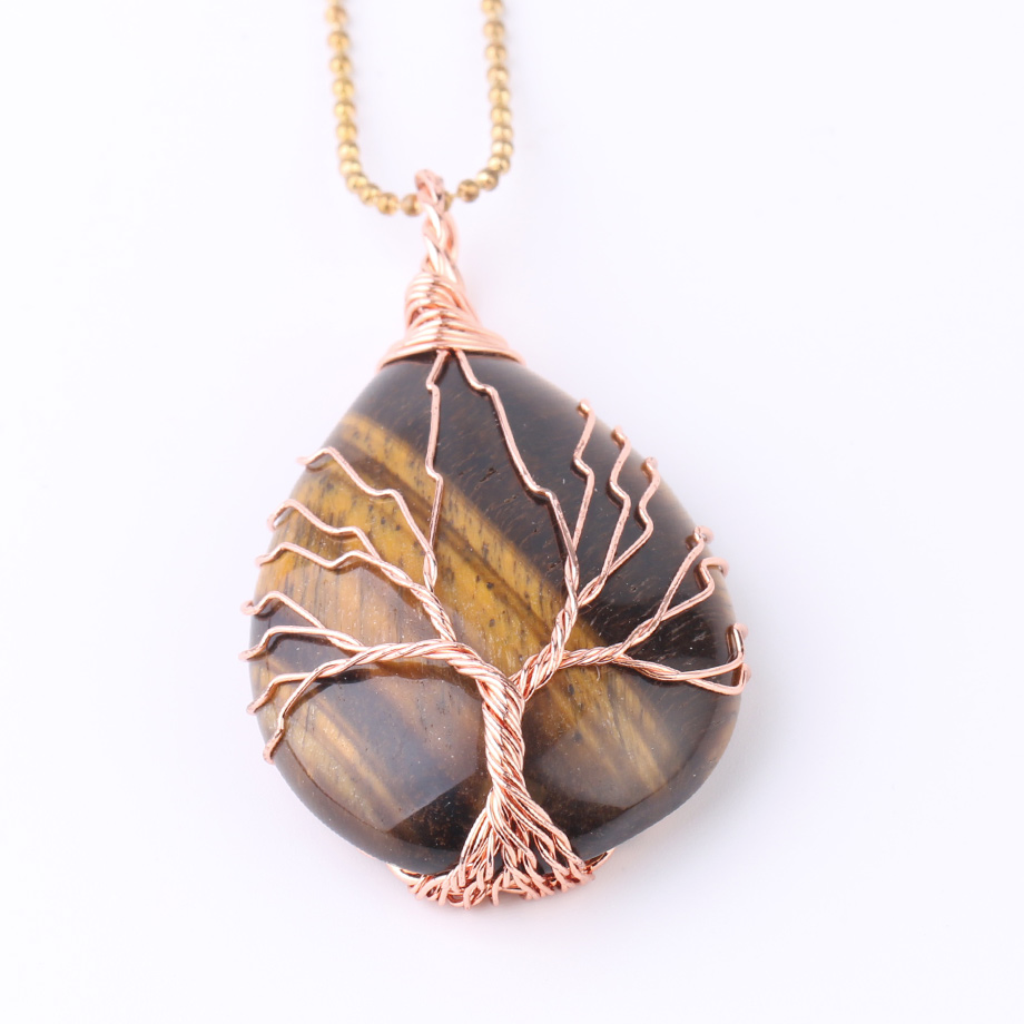 Chaîne et son Pendentif Reiki en Oeil de tigre "Courage & Audace" - Goutte & Arbre de vie