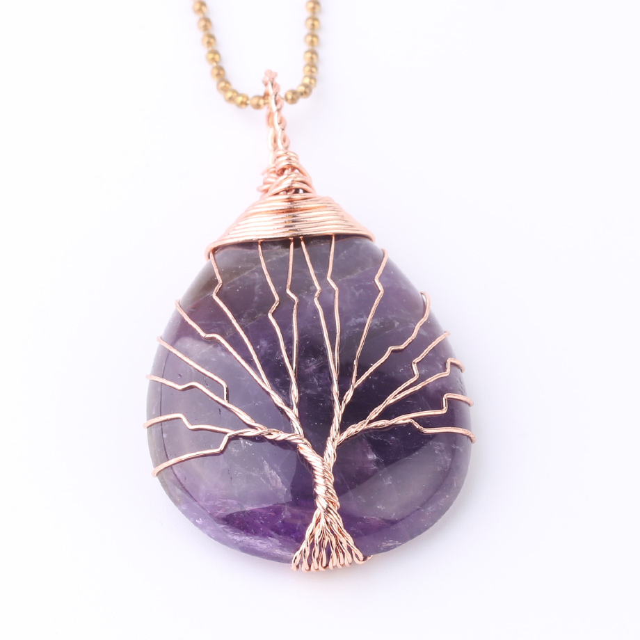 Chaîne et son Pendentif Reiki en Améthyste "Force & Sagesse" - Goutte & Arbre de vie