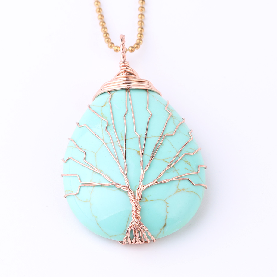 Chaîne et son Pendentif Reiki en Turquoise "Stabilité & Empathie" - Goutte & Arbre de vie