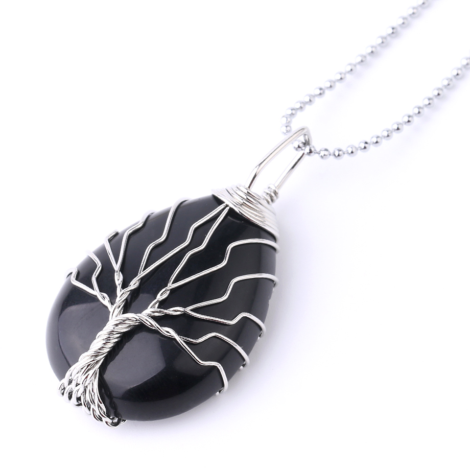 Chaîne et son Pendentif Reiki en Onyx "Stabilité & Maîtrise de soi" - Goutte & Arbre de vie