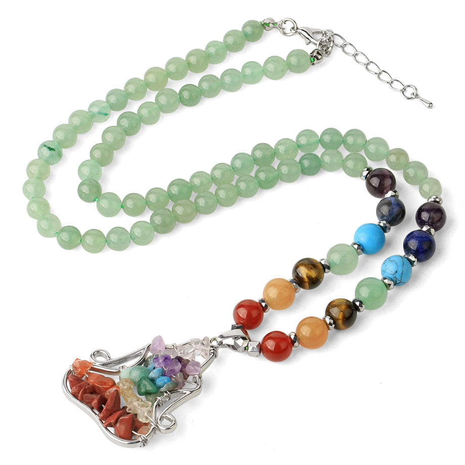 Chaîne et son Pendentif Sept Chakras en Aventurine verte "Développement & Épanouissement"