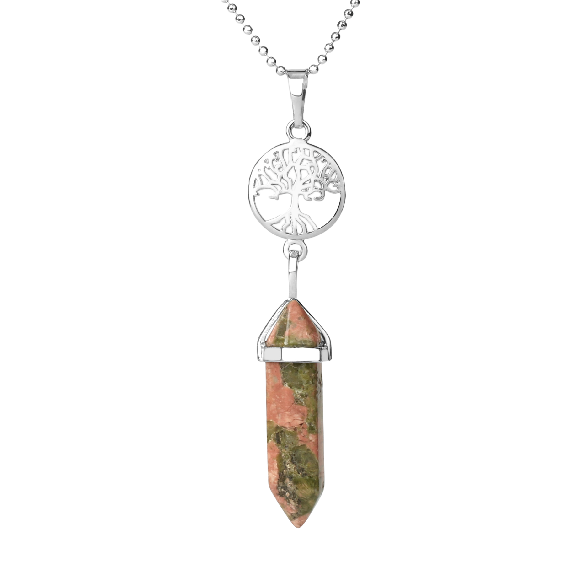 Chaîne et son Pendentif Guérison en Unakite "Confiance & Sagesse" - Prisme & Arbre de vie