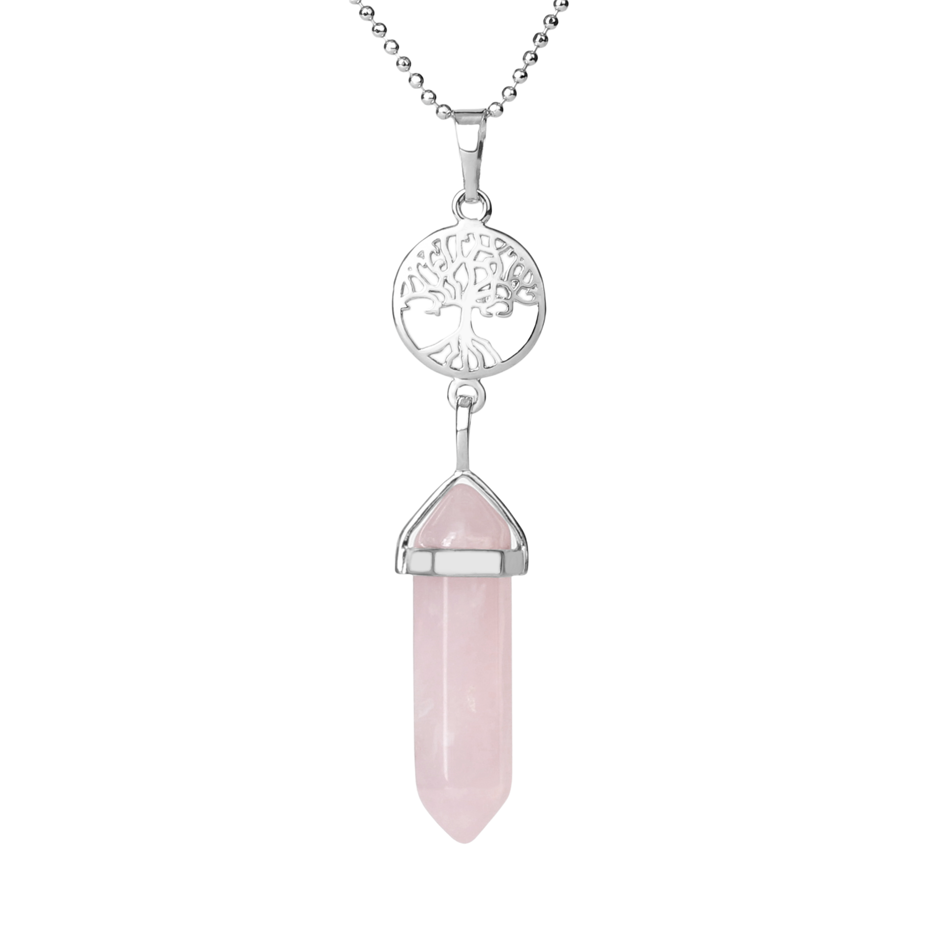 Chaîne et son Pendentif Guérison en Quartz rose "Amour & Confiance en soi" - Prisme & Arbre de vie