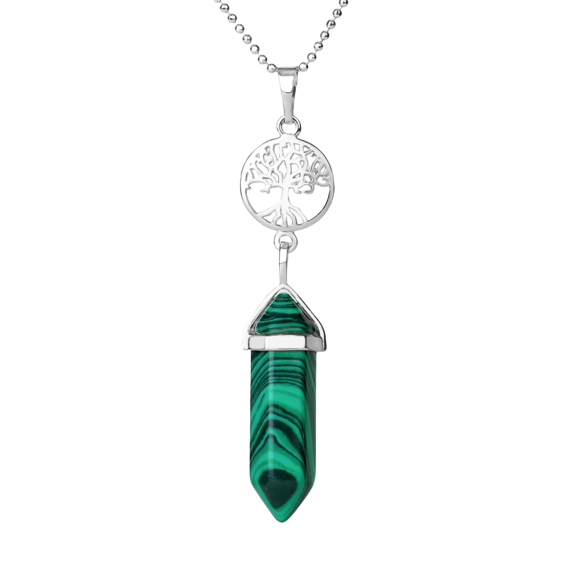 Chaîne et son Pendentif Guérison en Malachite "Protection & Clairvoyance" - Prisme & Arbre de vie