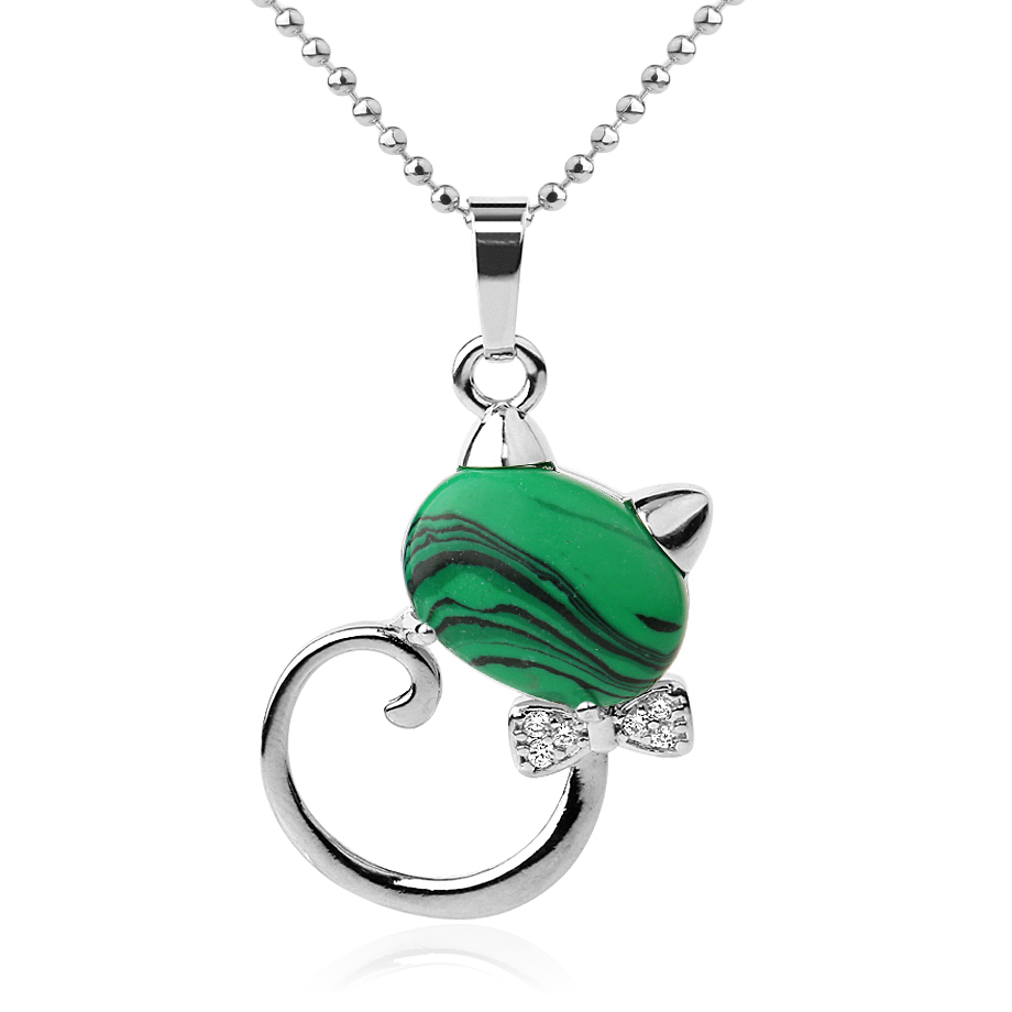 Chaîne et son Pendentif en Malachite "Protection & Clairvoyance" - Chat