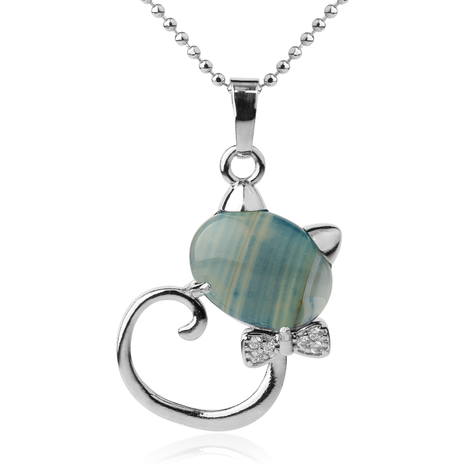 Chaîne et son Pendentif en Agate bleue "Harmonie & Apaisement" - Chat