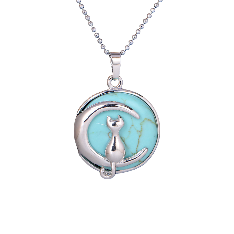 Chaîne et son Pendentif en Turquoise "Stabilité & Empathie" - Chat au clair de lune