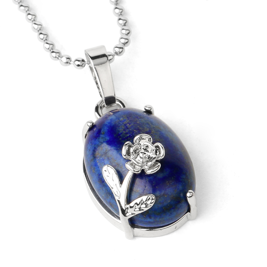 Chaîne et son Pendentif Reiki en Lapis-Lazuli "Santé & Harmonie" - Cabochon fleuri