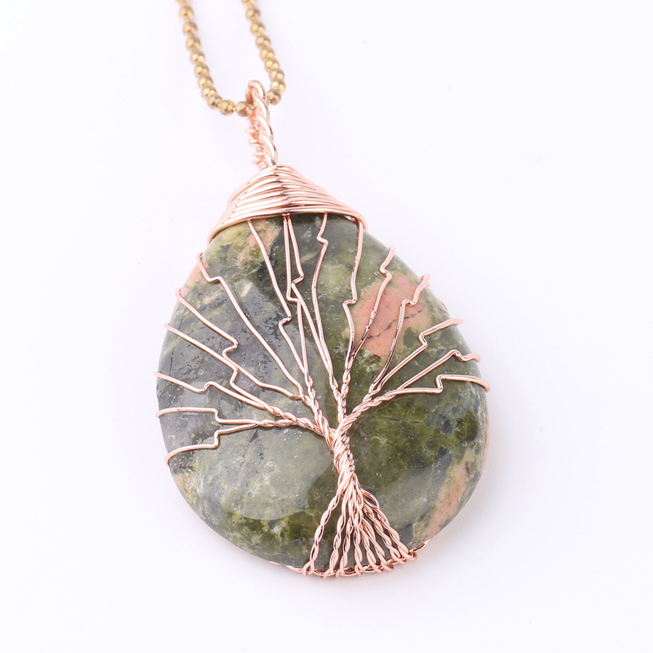 Chaîne et son Pendentif Reiki en Unakite "Confiance & Sagesse" - Goutte & Arbre de vie